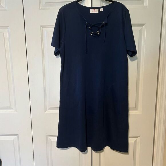 Quacker Factory Women's Navy Blue Lace-Up Dress w/ Pockets Size M - Picture 2 of 9